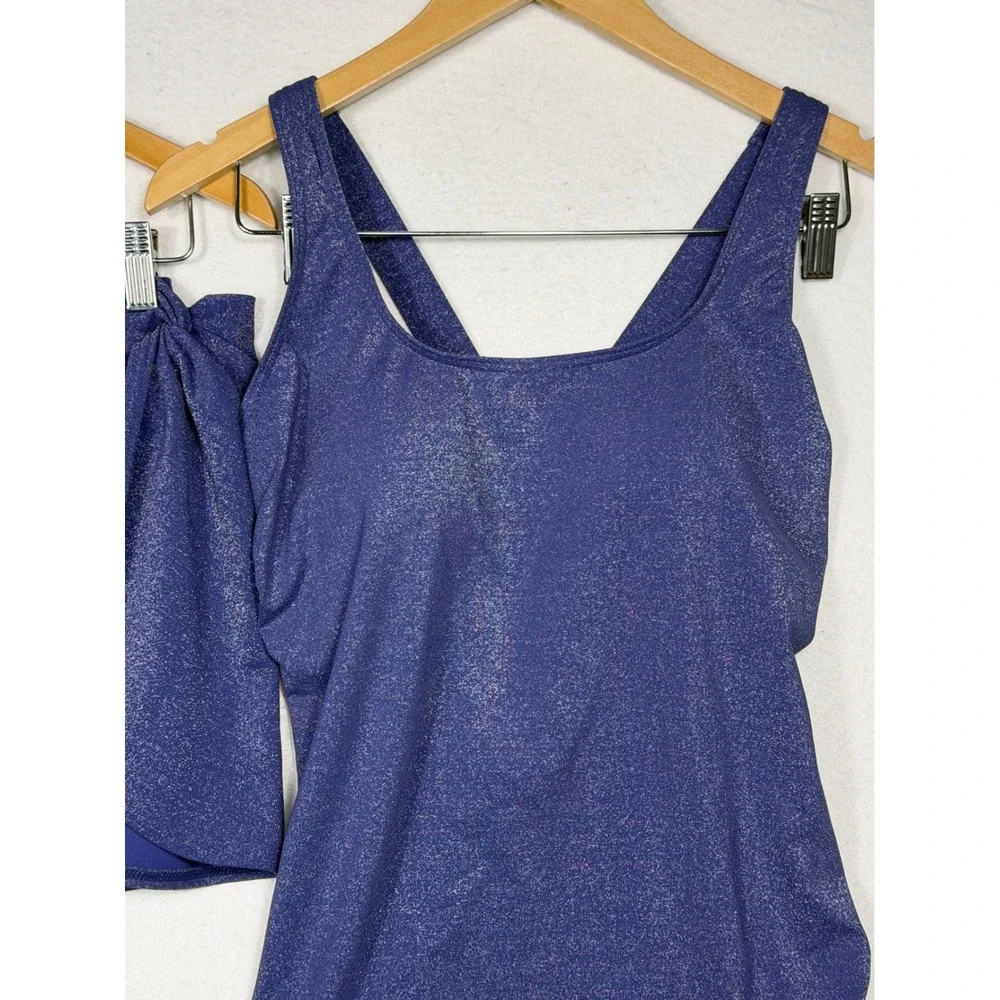 Lands End Swimsuit Skirt Set Womens 14 Blue Metallic Shimmer 2pc One Piece Skirt
